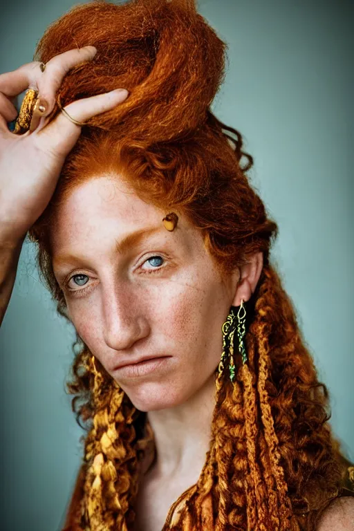 Image similar to Beautiful 19th Century Barbary Coast pirate female model with amazing Ginger hair and Golden hooped earrings photography by Steve McCurry