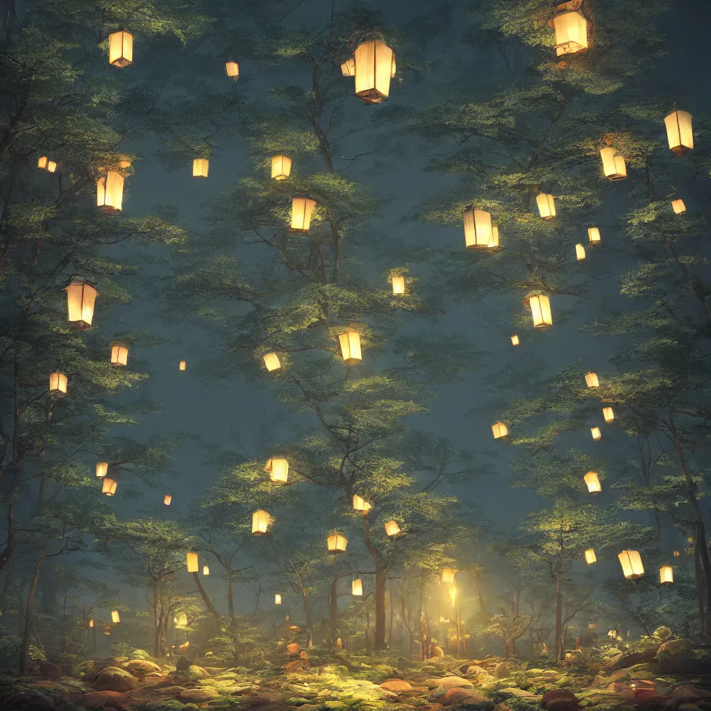 Prompt: Japanese forest at night, lanterns, highly detailed, dreamlike!, digital painting, volumetric lighting, digital art, 8K photography, matte vivid colors, perspective, octane render, breathtaking, by Maximilian DegenPro of Artstation, Hayao Miyazaki Studio Ghibli!! style