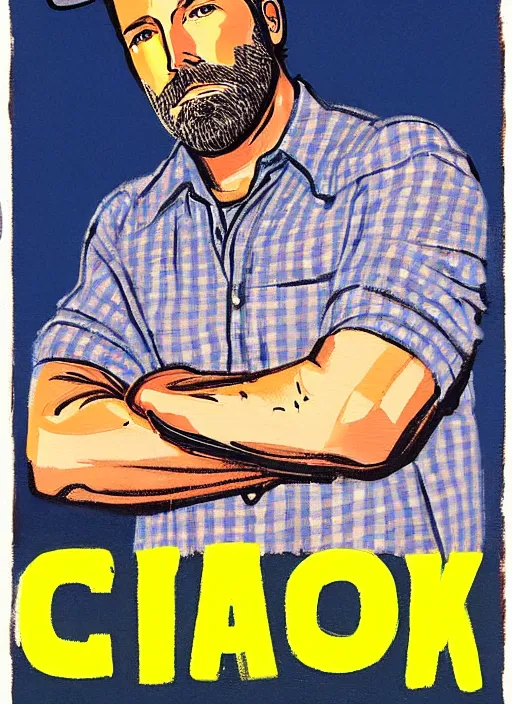 Image similar to full - body portrait of ben affleck wearing checkered shirt and white cap, holding a wrench, by billy childish, thick visible brush strokes, shadowy landscape painting in the background by beal gifford, vintage postcard illustration, minimalist cover art by mitchell hooks