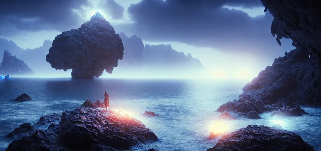 Prompt: octane render uhd, 8 k art photography, filmic lighting, cinematic art shot, hyperrealistic, hyperdetailed, super detailed, 8 k, high resolution, mysterious strangle glowing crystalline structure made of white rocks in the far distance, 8 k uhd matte painting by ross tran and ivan aivazovsky, black water, midnight