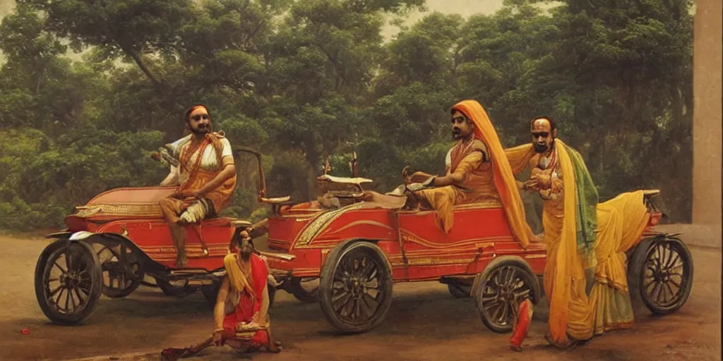 Prompt: man driving a car in the style of raja ravi varma, ultra detailed, high detail, realism,