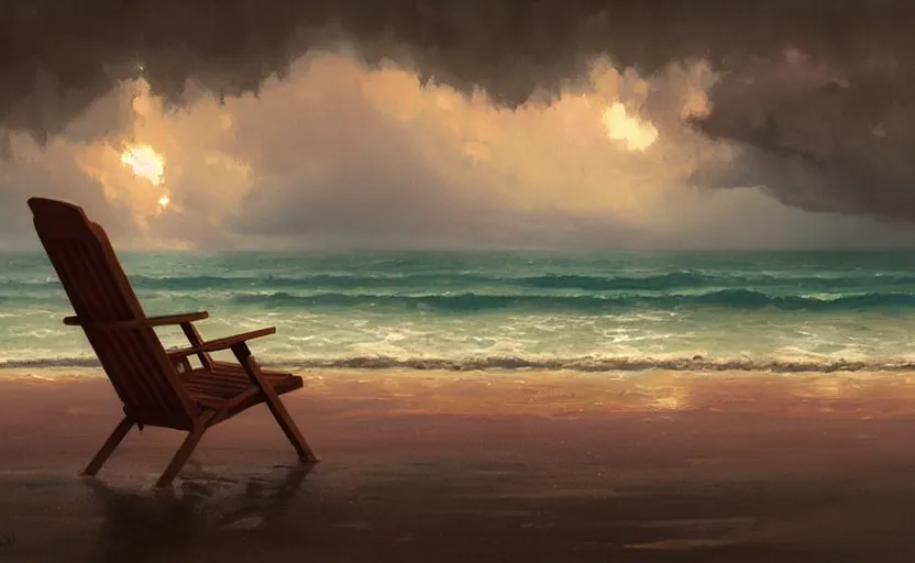 Image similar to painting of a beach chair at sunset with heavy thunderstorm in background, natural light, concept art, by greg rutkowski, cozy atmospheric and cinematic lighting