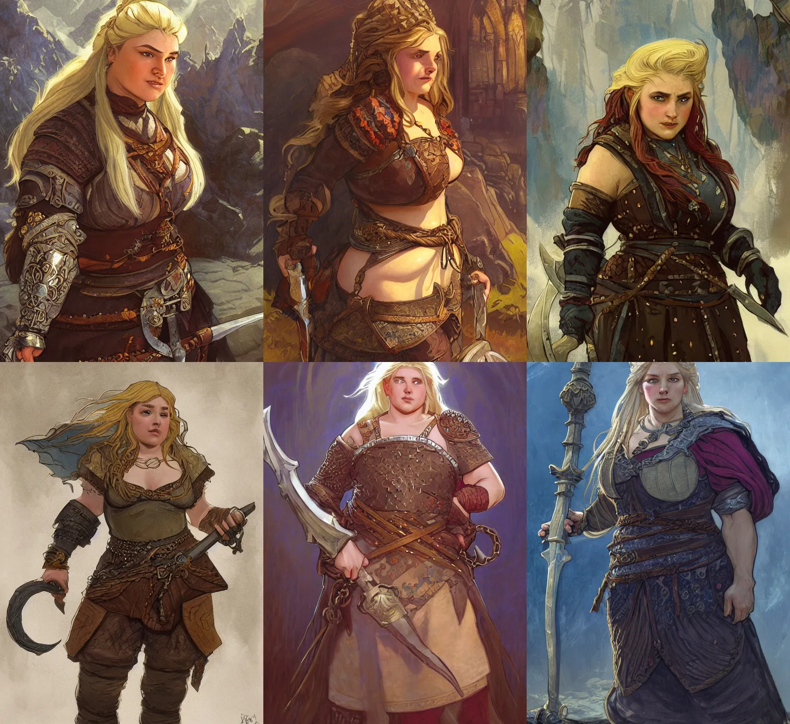 Prompt: Dorna the female dwarf. A noble dwarven warrior and blacksmith with a chubby plump body. blonde braided hair. Fantasy concept art. Moody Epic painting by James Gurney, and Alphonso Mucha. ArtstationHQ. painting with Vivid color. (Dragon age, witcher 3, lotr)