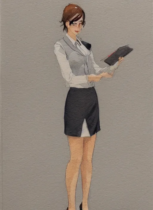 Image similar to concept art of a modern office life, young business woman, pencil miniskirt, pinterest, artstation trending, behance, watercolor, by coby whitmore, silver, laser light,