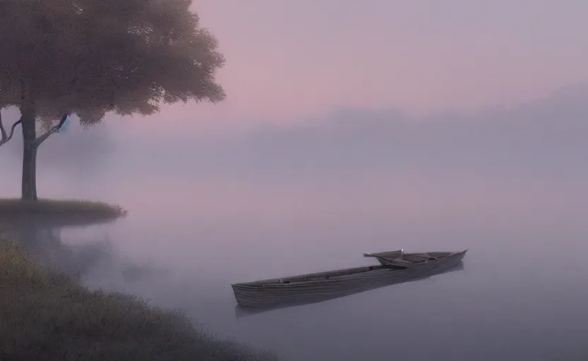 Prompt: a strange lake directed by charlie kaufman ( 2 0 0 1 ) anamorphic lenses, foggy volumetric light morning, a sad lonely row boat in the center, cinematic trending on artstation in the style of greg rutkowski