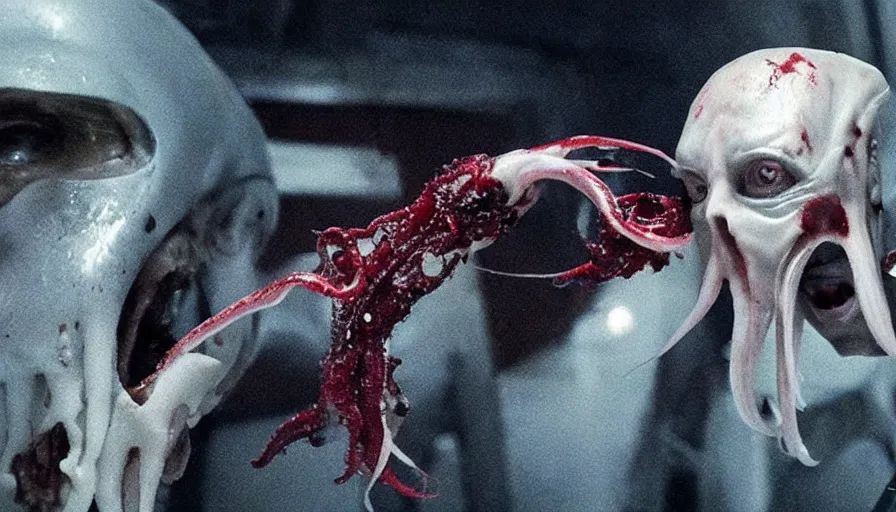 Image similar to Big budget horror movie, a squid bloodily rips off a man's head while a cyborg watches