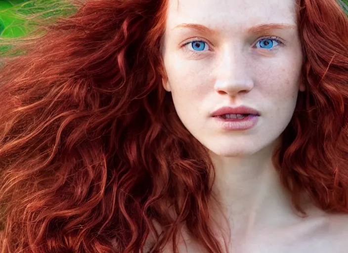 Prompt: close up portrait photograph of a thin young redhead woman with russian descent, sunbathed skin, with deep blue eyes. Wavy long maroon colored hair. she looks directly at the camera. Slightly open mouth, face takes up half of the photo. a park visible in the background. 55mm nikon. Intricate. Very detailed 8k texture. Sharp. Cinematic post-processing. Award winning portrait photography. Sharp eyes.