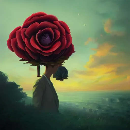 Image similar to closeup, giant rose flower head, frontal, girl in a suit, surreal photography, sunrise, dramatic light, impressionist painting, digital painting, artstation, simon stalenhag