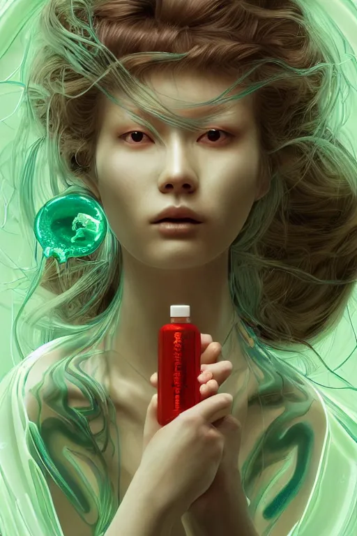 Image similar to hyperrealistic photography of a gorgeous girl inside a syringe containing luminescent green liquid in the style of jin kagetsu, james jean, chris cunninham, hans bellmer and wlop, highly detailed, face symmetry, masterpiece, award - winning, sharp focus, intricate concept art, ambient lighting, 8 k, artstation