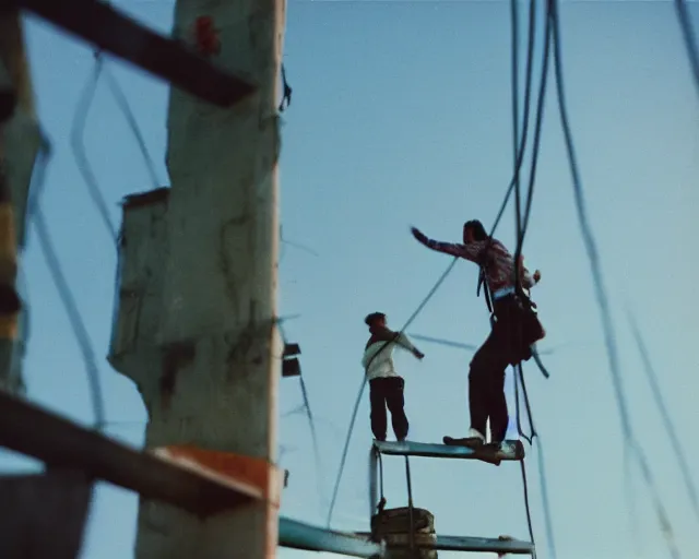 Image similar to lomo photo of roofjumpers climbing on roof of soviet hrushevka, small town, cinestill, bokeh, out of focus