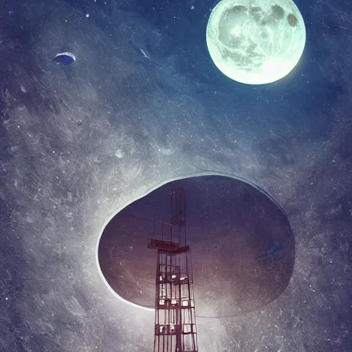 Image similar to elevator to the moon, space, HDR Earth, moon, scifi, dreamscape, dramatic lighting, fantasy art illustration, trending on artstation, Aetherpunk