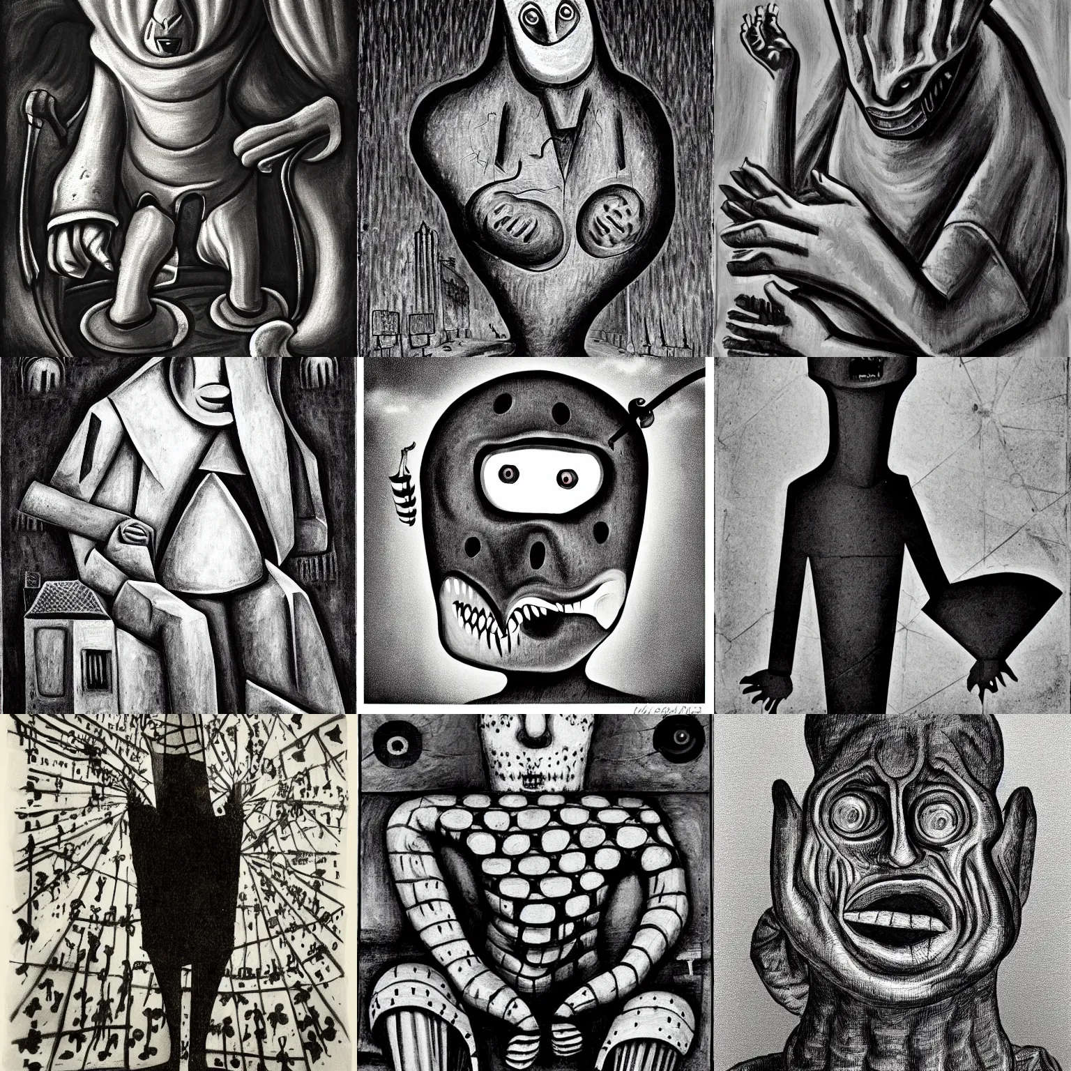 Prompt: black and white dada artwork of the scary golem from prague