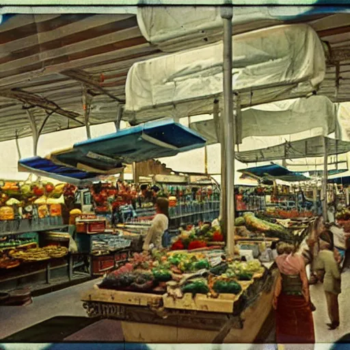 Prompt: marketplace in a space station, 1 6 mm film, autochrome