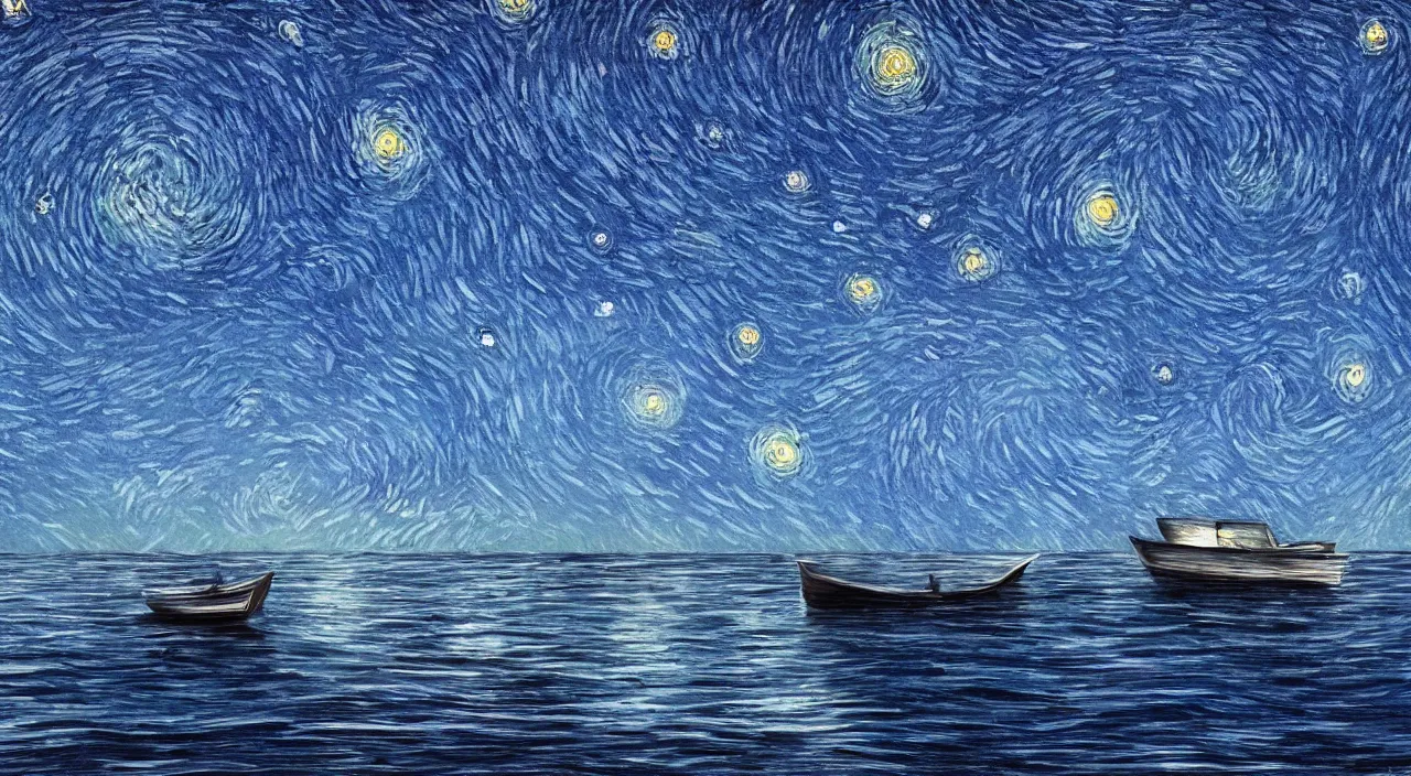 Prompt: Lonely boat on Starry night with clear water blue dark tones realistic