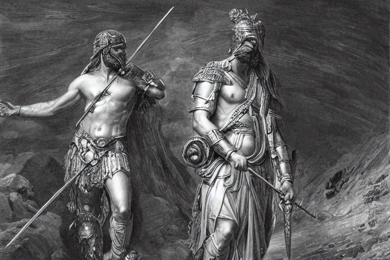 Image similar to highly detailed picture of great greek warrior with a spear, edge of the universe, symmetrical face, cinematic romantic magical, greek myth, masterpiece, from the book by gene wolfe, highly detailed painting by gustave dore