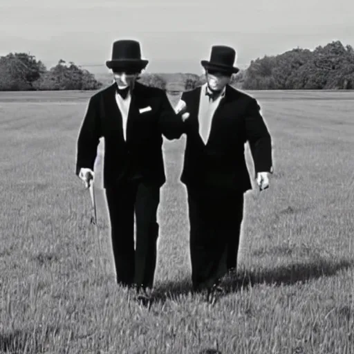 Prompt: a still of a 60s movie of a man holding a cane wearing a black suit and a bowler hat with a robotic face walking in a empty field-n 9