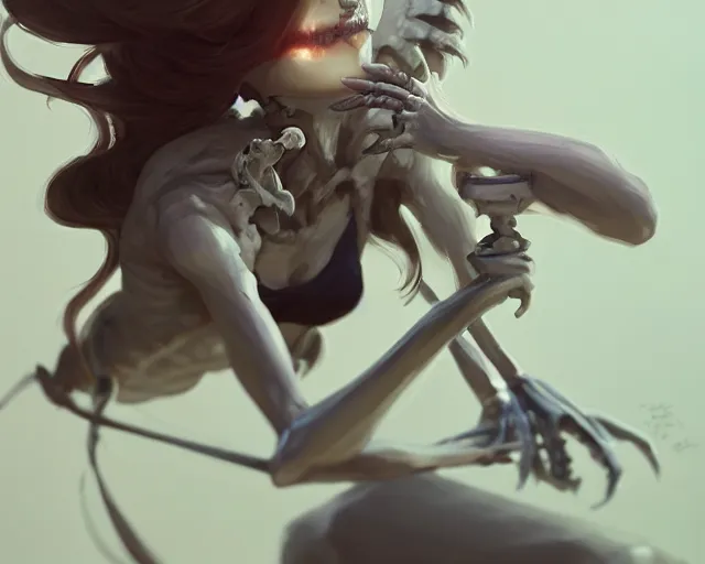 Image similar to young woman fighting a skeleton elegant, sharp focus, illustration, highly detailed, concept art, matte, trending on artstation, anime, art by james jean and artgerm and brian despain and alberto mielgo, greg rutkowski, wlop, ilya kuvshinov, strong strokes