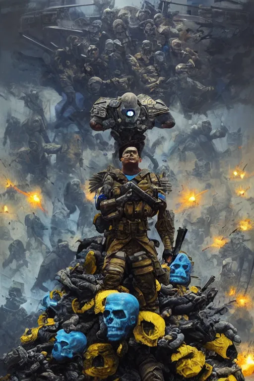 Prompt: A super soldier with a Ukrainian blue and yellow flag is standing on a pile of skulls, Call of Duty, marvel comics, dark, intricate, highly detailed, smooth, artstation, digital illustration by Ruan Jia and Mandy Jurgens and Artgerm and Wayne Barlowe and Greg Rutkowski and Frank Frazetta