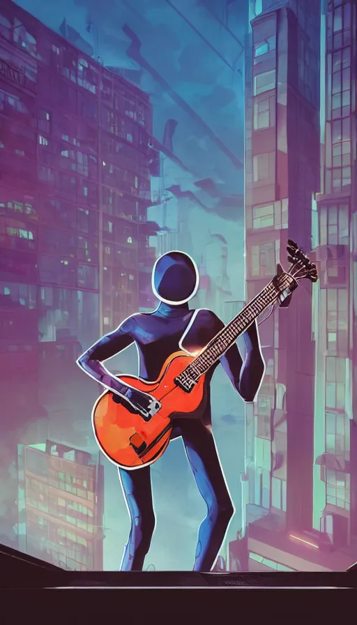 Image similar to A superhero playing the guitar on top of a rooftop in a cyberpunk city, pixar, long shot, blue hour lighting, Vaporware style, energetic, expressive, spirited, sharp, Award-Winning Art, Detailed, 8k, trending on behance