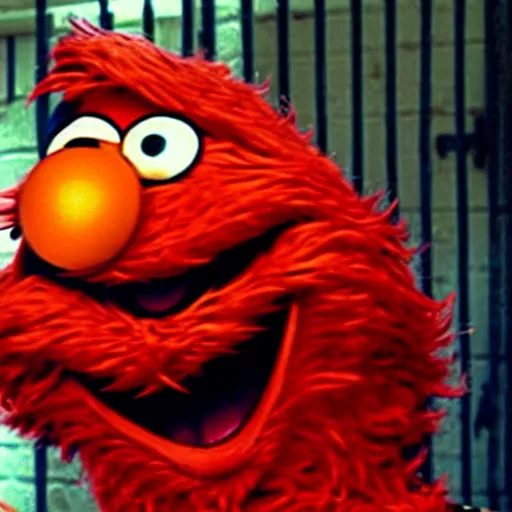 Prompt: elmo smiling with a knife in his hand, setting in a back alley way