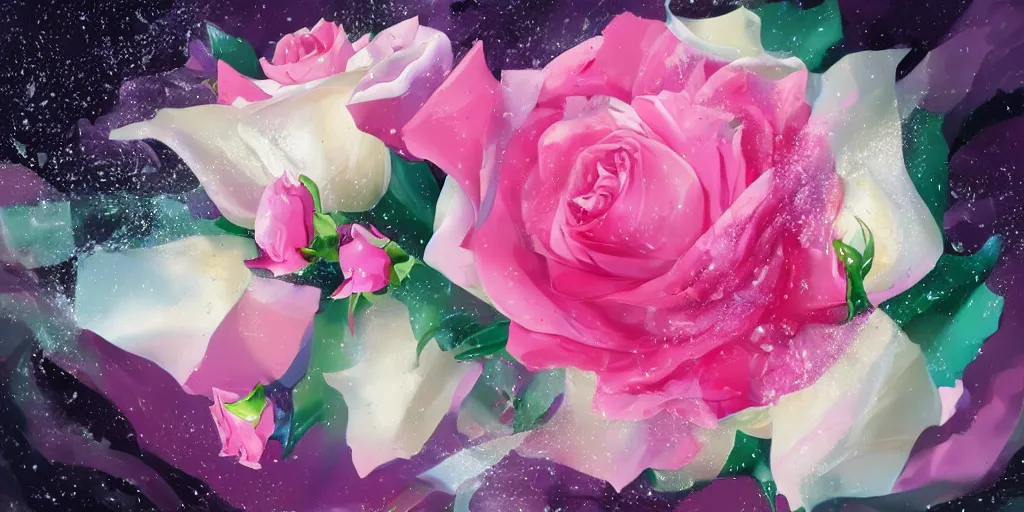 Image similar to magic invisible blade slicing through a bouquet of white and pink roses, flowers exploding and spraying, big puffy clouds, sharp rain, large rose petals, lotus petals, large polygonal background elements, large polygons, dramatic anime, dramatic lighting, artgerm, manga, trending on artstation, art nouveau, mature colors