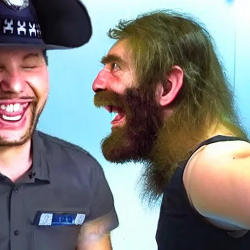 Image similar to police bodycam footage of laughing caveman