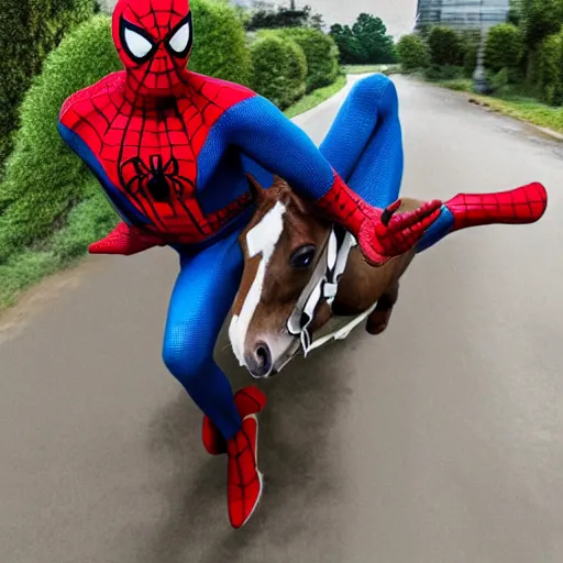 Image similar to spiderman riding a horse