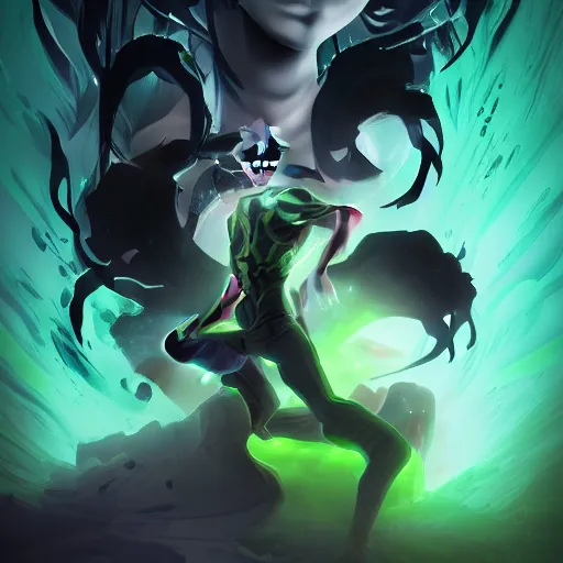 Image similar to A digital matte intricate illustration concept art of young Danny phantom with glowing green eyes and sharp teeth alt art fashion inspired art by Charlie Bowater and Artgerm and Mark Arian and Ross Tran + neon colors, wakfu colors + symmetry + greco-roman art, intricate complexity, epic composition, magical atmosphere, highly detailed, cinematic lighting + masterpiece, trending on artstation + 8k