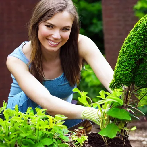 Image similar to a beautiful canadian woman, on her kness, doing some light gardening,