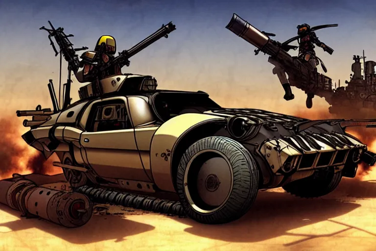 Prompt: masamune shirow dieselpunk mad max mustang mach 1 with guns installed makoto shinkai takashi takeuchi studio ghibli, akihiko yoshida