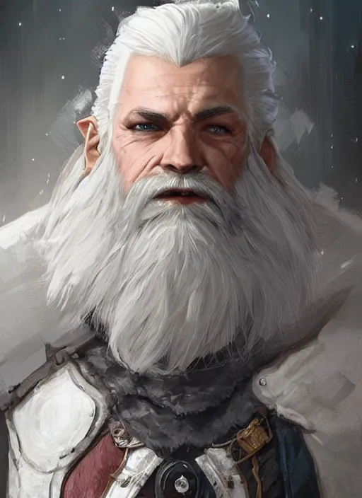 Image similar to man with short white hair and white circle beard, dndbeyond, bright, colourful, realistic, dnd character portrait, full body, pathfinder, pinterest, art by ralph horsley, dnd, rpg, lotr game design fanart by concept art, behance hd, artstation, deviantart, hdr render in unreal engine 5