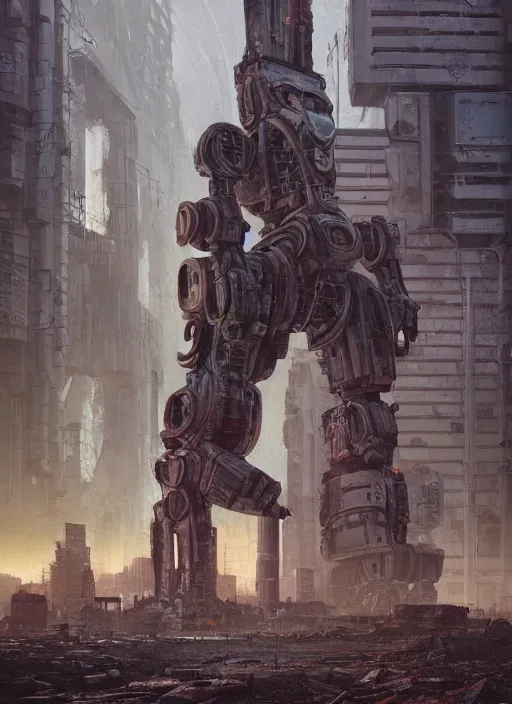 Image similar to a painting of a giant robot standing in front of a post apocalyptic city ruins, cyberpunk art by mike winkelmann, behance contest winner, nuclear art, dystopian art, apocalypse art, sci - fi