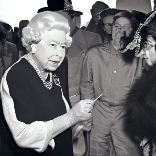 Image similar to the queen of england at a techno party smoking a joint, hyper realistic