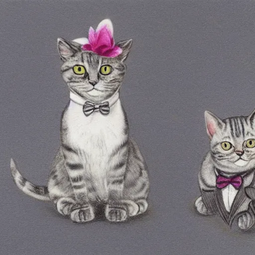 Prompt: portrait of grey tabby cat wearing a top hat and bow tie next to a black cat wearing a pearl necklace with flower headdress, detailed colored pencil drawing 4 k