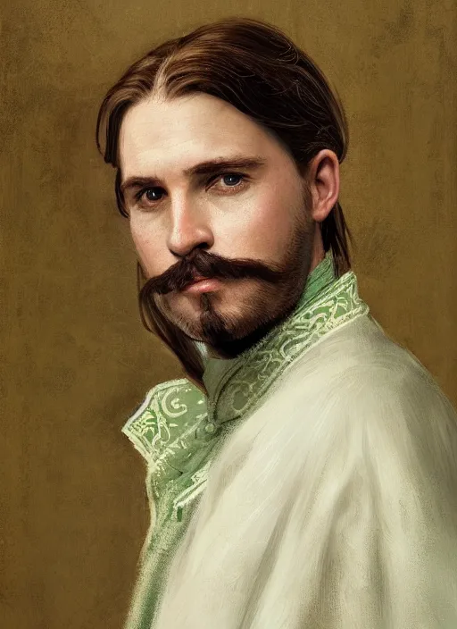 Image similar to medium-length portrait of a 35-year-old male noble with long blonde hair and green eyes, white skin, blonde handlebar mustache, smug smirk, elegant green clothing, medieval setting, highly detailed, digital painting, artstation, concept art, sharp focus, illustration, art by greg rutkowski and alphonse mucha