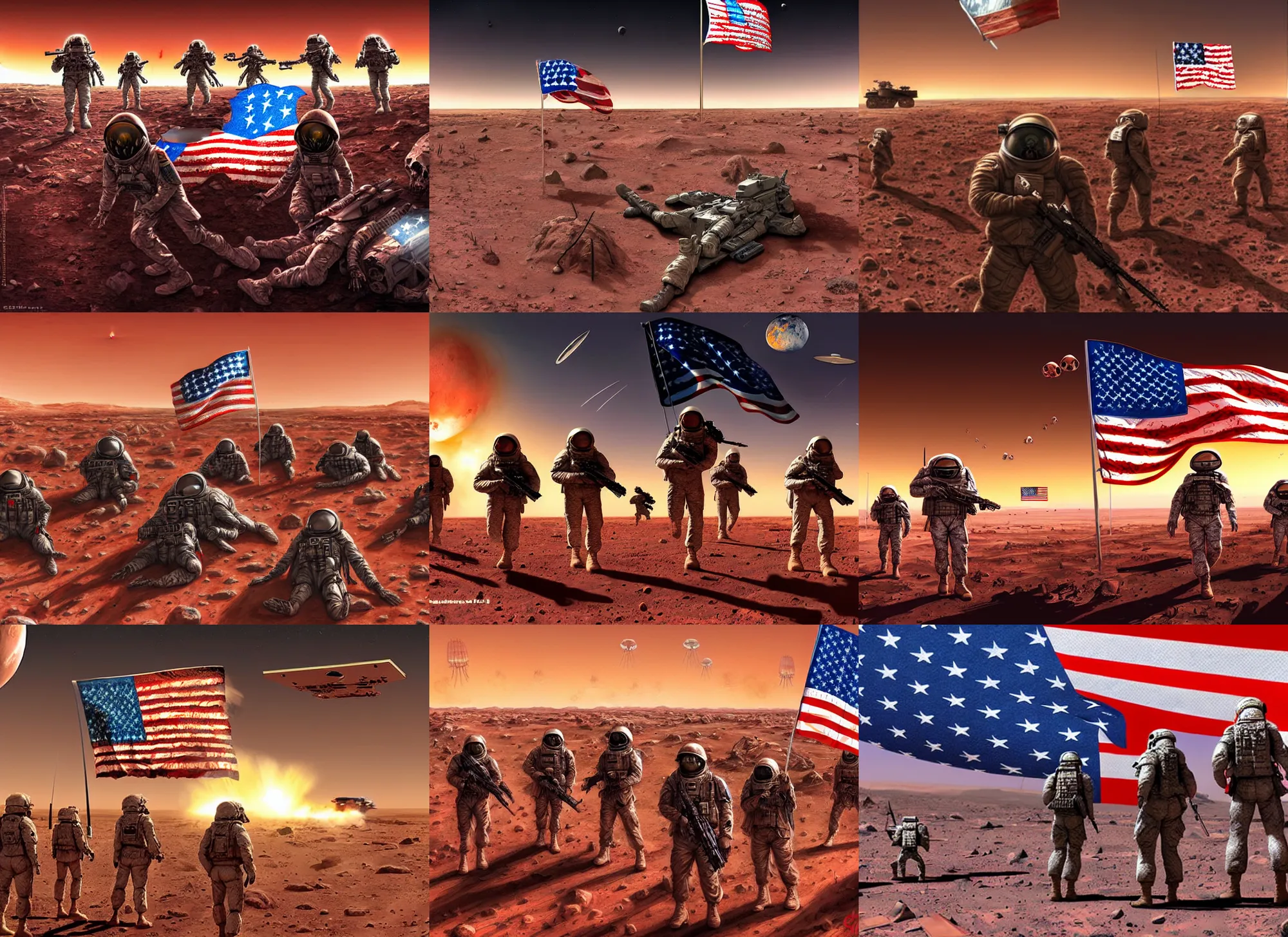 Prompt: american soldiers invaded mars, lot of dead corpses peaceful aliens, raised a bloody american flag, realistic 4 k, mars invasion 2 0 3 3 - 2 0 4 2, war digital art by greg ritkowski