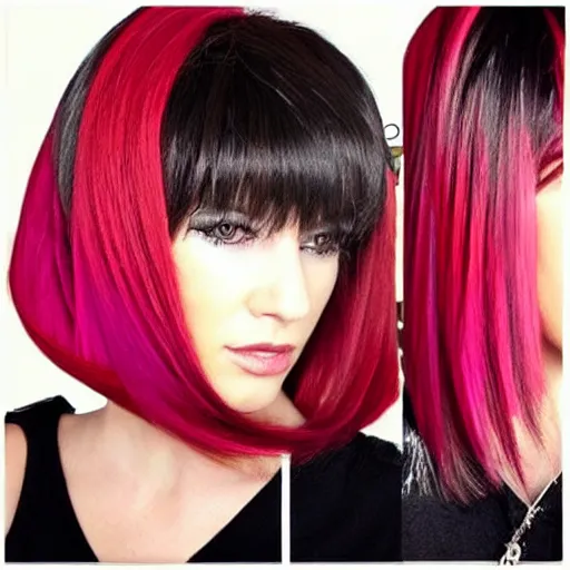 Prompt: avant runway hairstyle professional designer hair bangs, salon photography, bold colors, high details