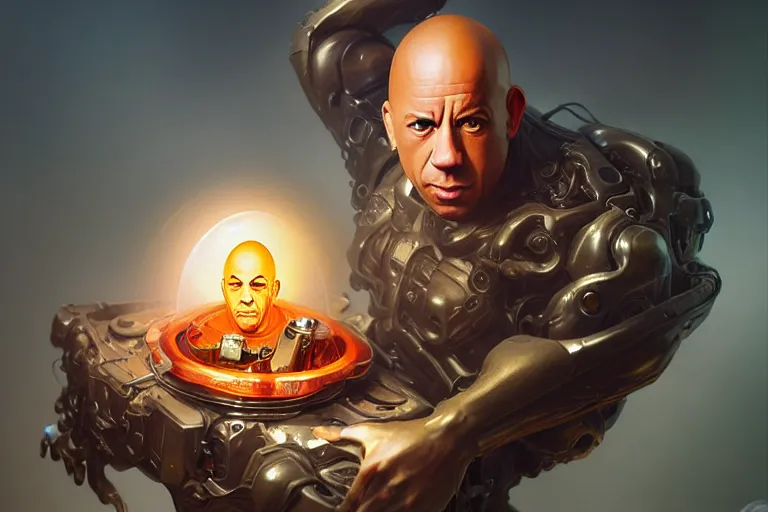 Prompt: an egg cup with vin diesel head inside, hyper detailed, digital art, artstation, cinematic lighting, studio quality, smooth render, by peter mohrbacher, hajime sorayama, boris vallejo, craig mullins