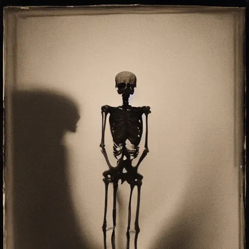 Image similar to In the center of the conceptual art is a large gateway that seems to lead into abyss of darkness. On either side of the gateway are two figures, one a demon-like creature, the other a skeletal figure. calotype, navy by Aron Demetz angular