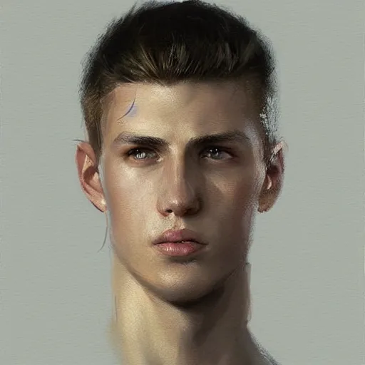 Prompt: portrait of a young man by greg rutkowski, reiner braunn, strong and tall, short and blond hair, he is about 2 0 years old, highly detailed portrait, digital painting, artstation, concept art, smooth, sharp foccus ilustration, artstation hq