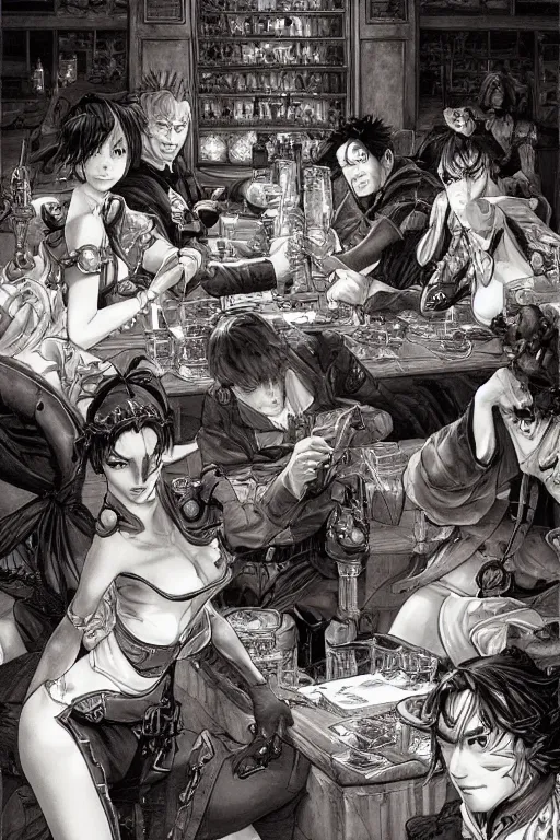 Image similar to Fantasy Scene of a Empty tavern full of Spilled ooze, manga, highly detailed, beauty, art by Takehiko Inoue, Artgerm, intricate, elegant, J. C. Leyendecker