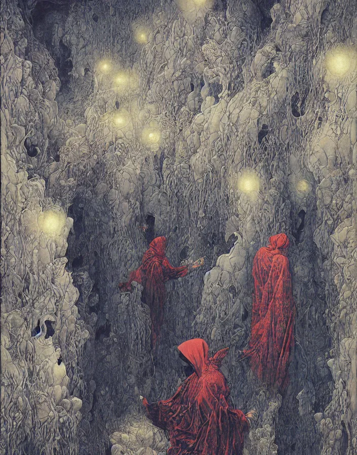 Image similar to worshippers in robes entering the door of the light house, going through the door, high detailed beksinski painting, part by adrian ghenie and gerhard richter. art by takato yamamoto. masterpiece, deep colours, blue