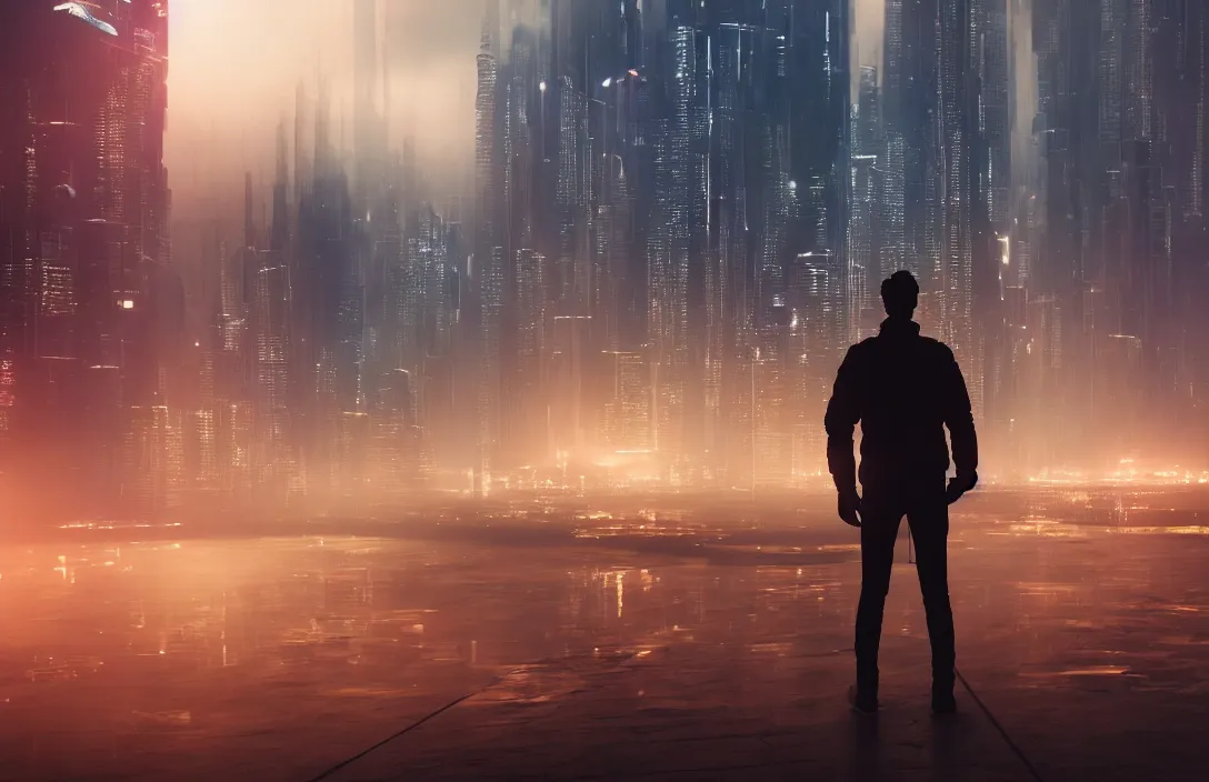 Prompt: man in front of a foggy view of cyberpunk style future city, a hyper realistic professional photographic view,very beautiful scenery, very realistic painting effect, hd, hdr, cinematic 4k wallpaper, 8k, ultra detailed, high resolution,