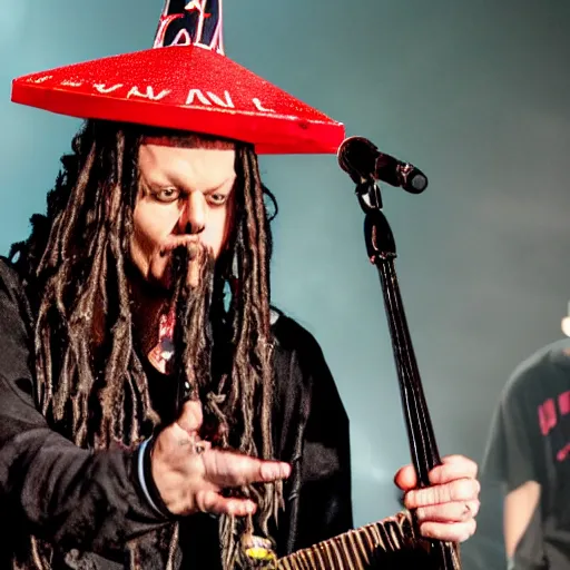 Image similar to korn plays in a concert wearing birthday hats