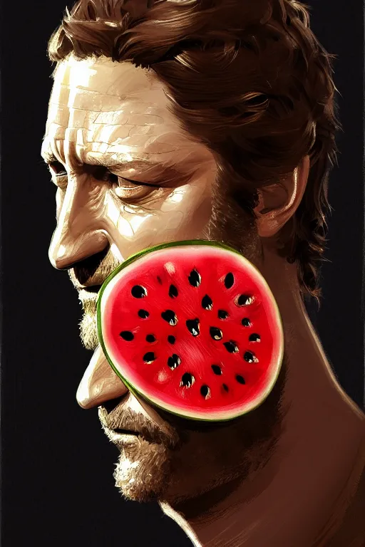 Image similar to portrait a watermellon with gerard butler as head, greek, intricate, headshot, key visual, conceptart, ambient lighting, highly detailed, digital painting, artstation, concept art, sharp focus, by makoto shinkai and akihiko yoshida and greg manchess