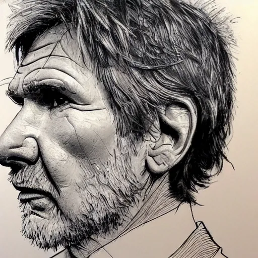 Prompt: a realistic yet scraggly portrait sketch of the side profile of a stern and sophisticated harrison ford, trending on artstation, intricate details, in the style of frank auerbach, in the style of sergio aragones, in the style of martin ansin, in the style of david aja, in the style of mattias adolfsson