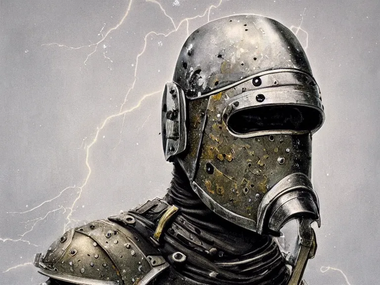 Image similar to a detailed profile painting of a bounty hunter in polished dieselpunk armour and visor. Fencing mask and shroud. cinematic sci-fi poster. Cloth and metal. Welding, fire, flames, samurai Flight suit, accurate anatomy portrait symmetrical and science fiction theme with lightning, aurora lighting clouds and stars. Clean and minimal design by beksinski carl spitzweg giger and tuomas korpi. baroque elements. baroque element. intricate artwork by caravaggio. Oil painting. Trending on artstation. 8k