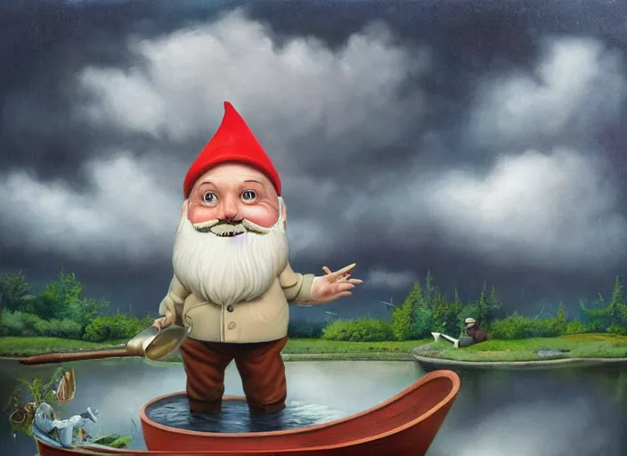 Image similar to a garden gnome sailing in a bucket, background of a reflective pond on a sunny day with dramatic clouds, an ultrafine detailed painting by mark ryden, trending on deviantart, pop surrealism, whimsical, lowbrow, joyous, perfect symmetrical face