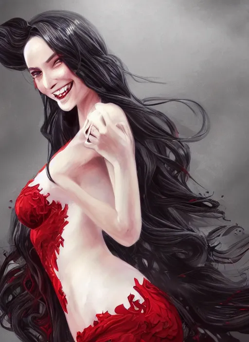 Prompt: a highly detailed illustration of beautiful long black hair white woman wearing a red dress, dramatic smile pose, intricate, elegant, highly detailed, centered, digital painting, artstation, concept art, smooth, sharp focus, league of legends concept art, WLOP