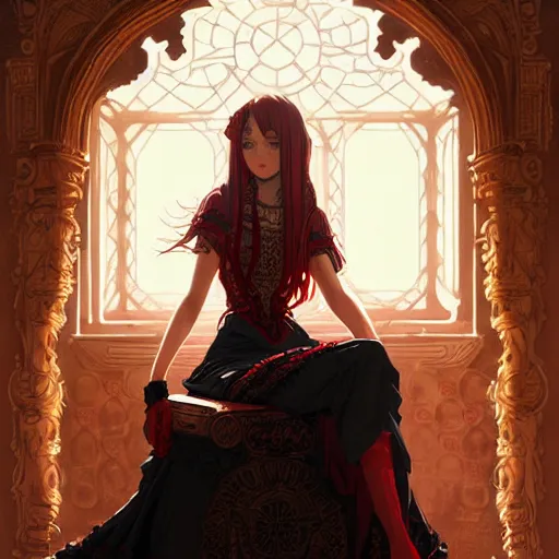 Prompt: beautiful woman with braided brown hair, wearing an elegant ornate dress, sitting in a chair, highly detailed, painting, red and black color palette, intricate, in the style of greg rutkowski, high quality anime artstyle